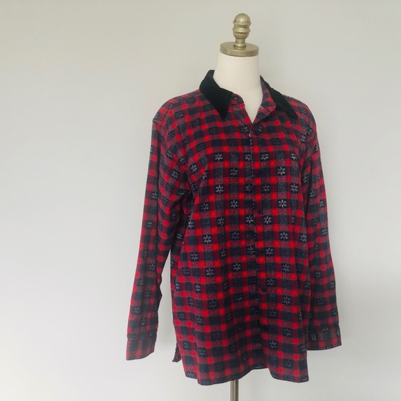 Red Black Plaid Shirt Large Black Corduroy Collar Basic Editions Holiday - Picture 6 of 8